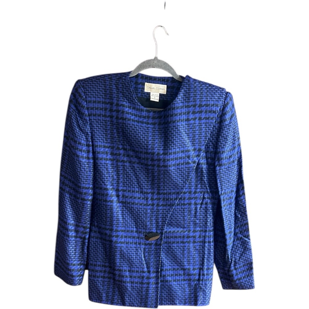 Vintage Casual Corner blue and black rayon blazer with attached scarf Sz 6